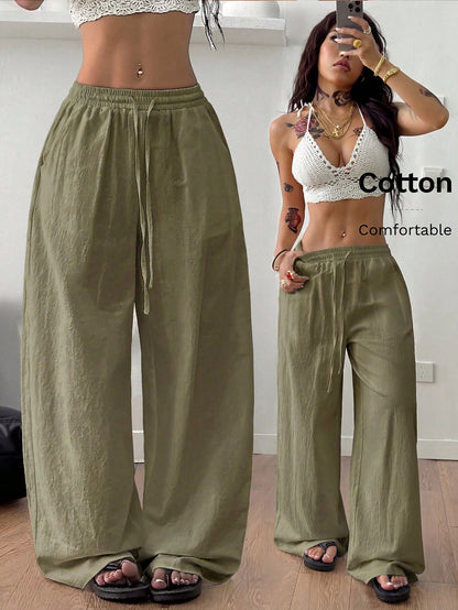 Coolane Women's Summer Country Concert Going Out Beach Outfits Boho Basic Minimalist Washed 100%Cotton White Pants Curved Hem Pants