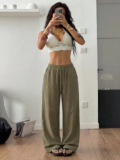 Coolane Women's Summer Country Concert Going Out Beach Outfits Boho Basic Minimalist Washed 100%Cotton White Pants Curved Hem Pants