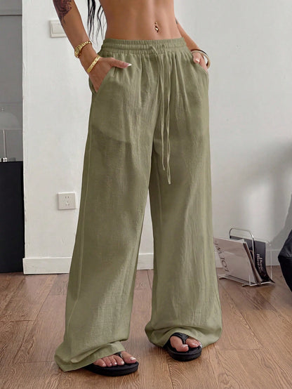 Coolane Women's Summer Country Concert Going Out Beach Outfits Boho Basic Minimalist Washed 100%Cotton White Pants Curved Hem Pants