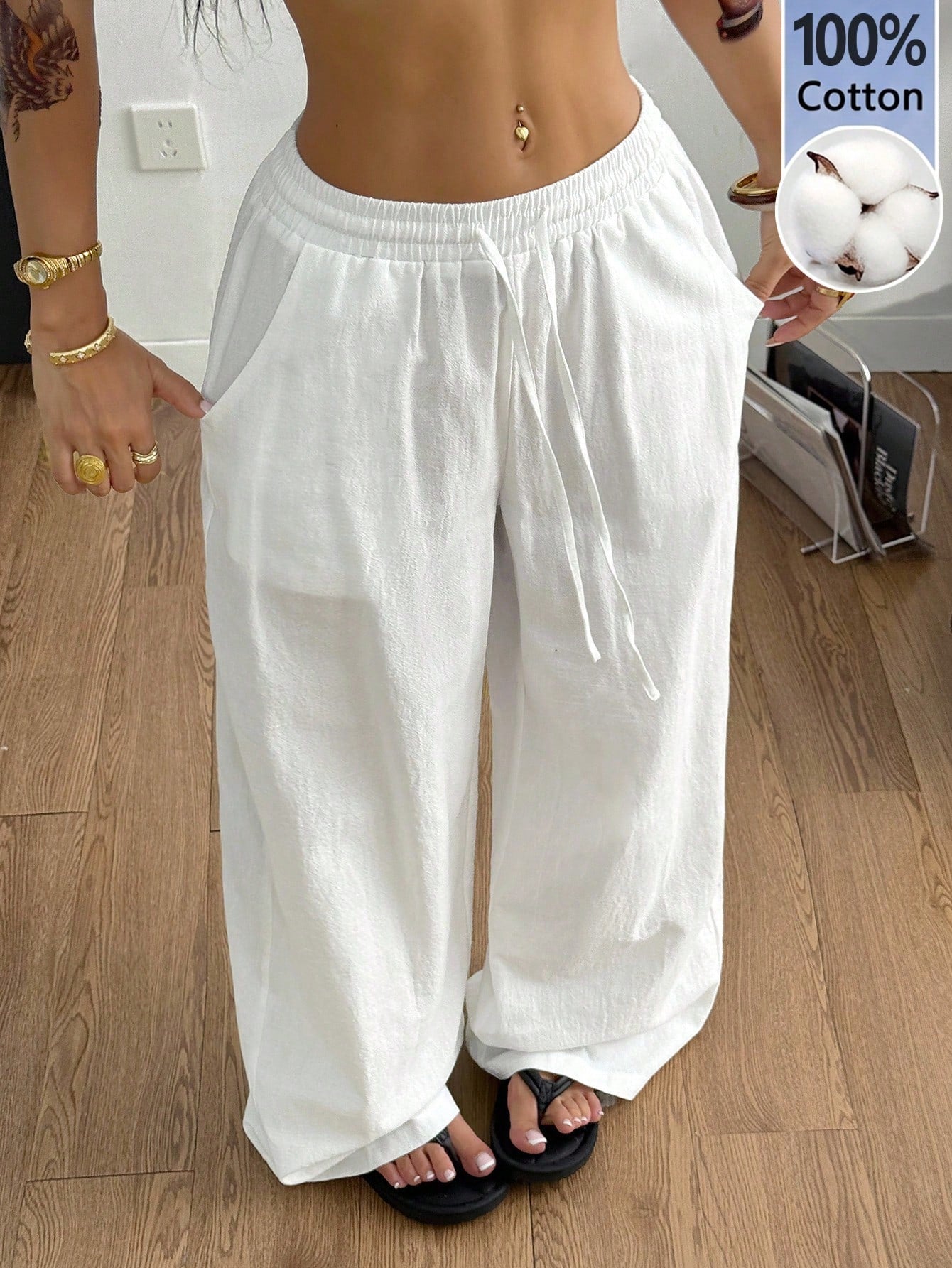 Coolane Women's Summer Country Concert Going Out Beach Outfits Boho Basic Minimalist Washed 100%Cotton White Pants Curved Hem Pants