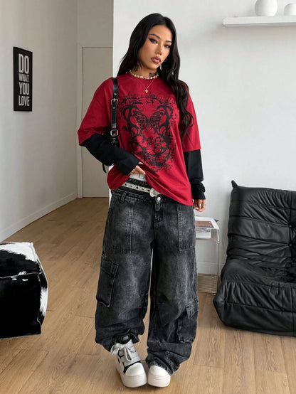 Coolane Women's Winter/Fall Streetwear Casual Hippie Preppy Grunge Punk Goth Cotton Graphics Oversized Long Sleeve T-Shirt