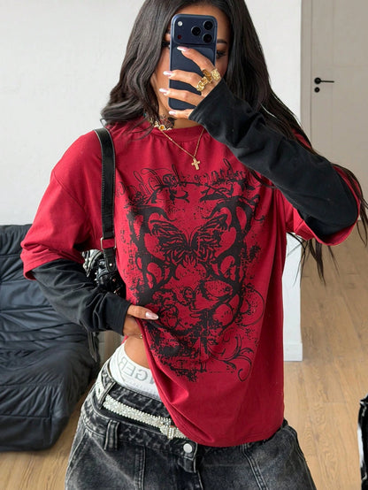 Coolane Women's Winter/Fall Streetwear Casual Hippie Preppy Grunge Punk Goth Cotton Graphics Oversized Long Sleeve T-Shirt