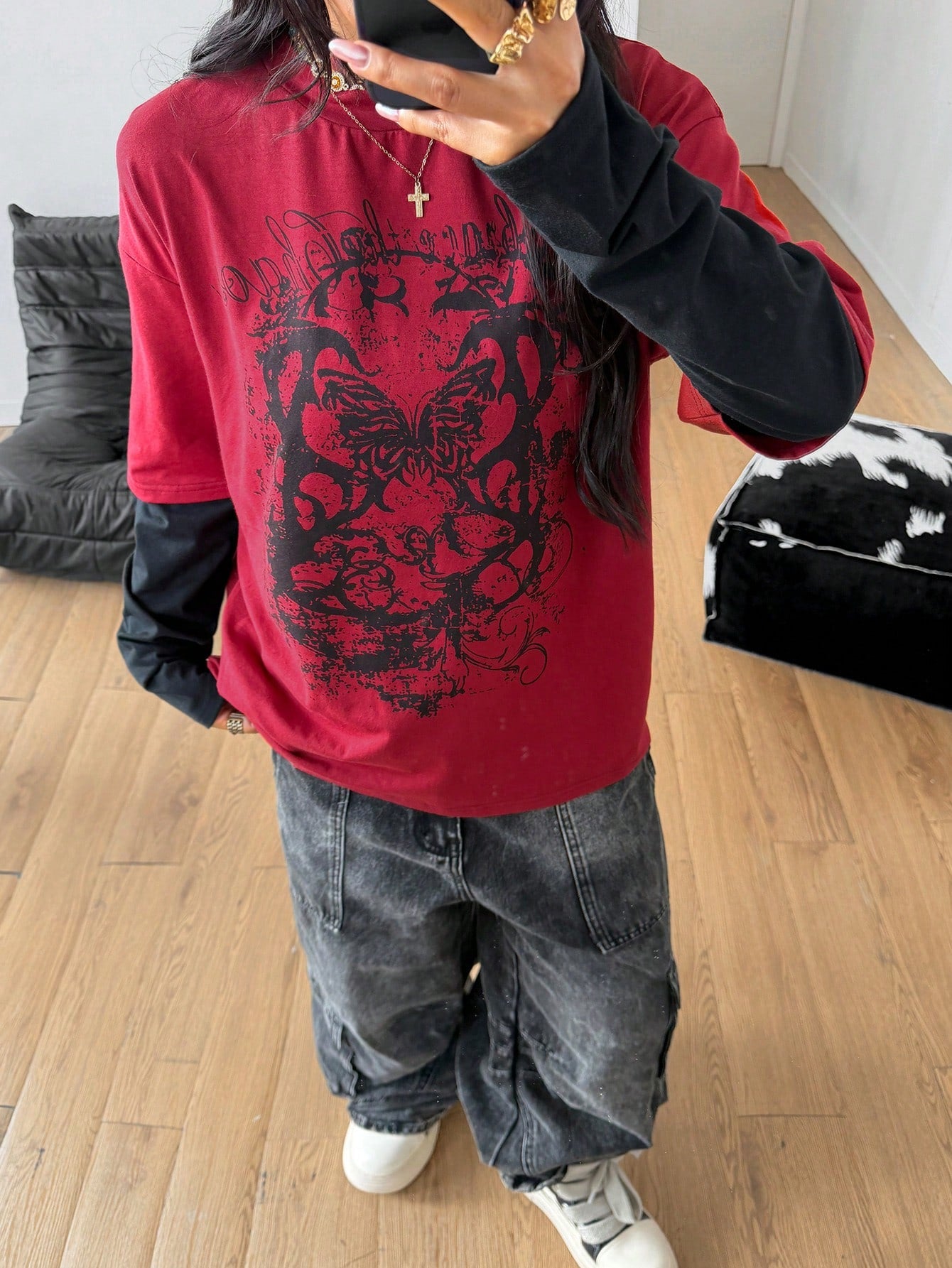 Coolane Women's Winter/Fall Streetwear Casual Hippie Preppy Grunge Punk Goth Cotton Graphics Oversized Long Sleeve T-Shirt