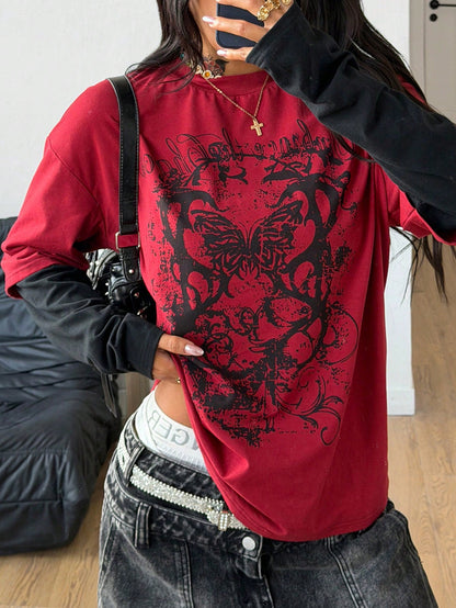 Coolane Women's Winter/Fall Streetwear Casual Hippie Preppy Grunge Punk Goth Cotton Graphics Oversized Long Sleeve T-Shirt