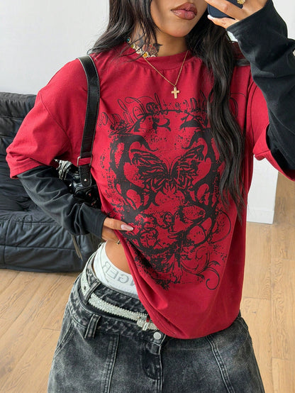 Coolane Women's Winter/Fall Streetwear Casual Hippie Preppy Grunge Punk Goth Cotton Graphics Oversized Long Sleeve T-Shirt