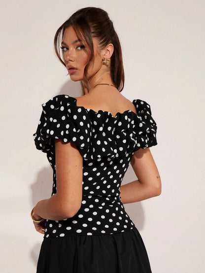 COSMINA Women's Elegant Vacation Polka Dot Off Shoulder Top, Spring/Summer