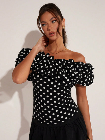 COSMINA Women's Elegant Vacation Polka Dot Off Shoulder Top, Spring/Summer