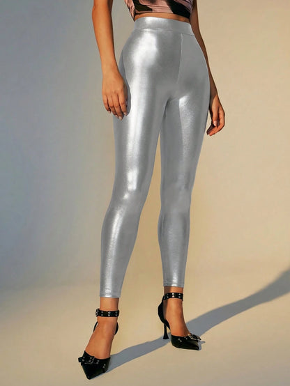 COSMINA Women's Solid Color High Waist PU Leather Fashion Tights, Winter Women, Silver Pants, Leggings, Metallic For