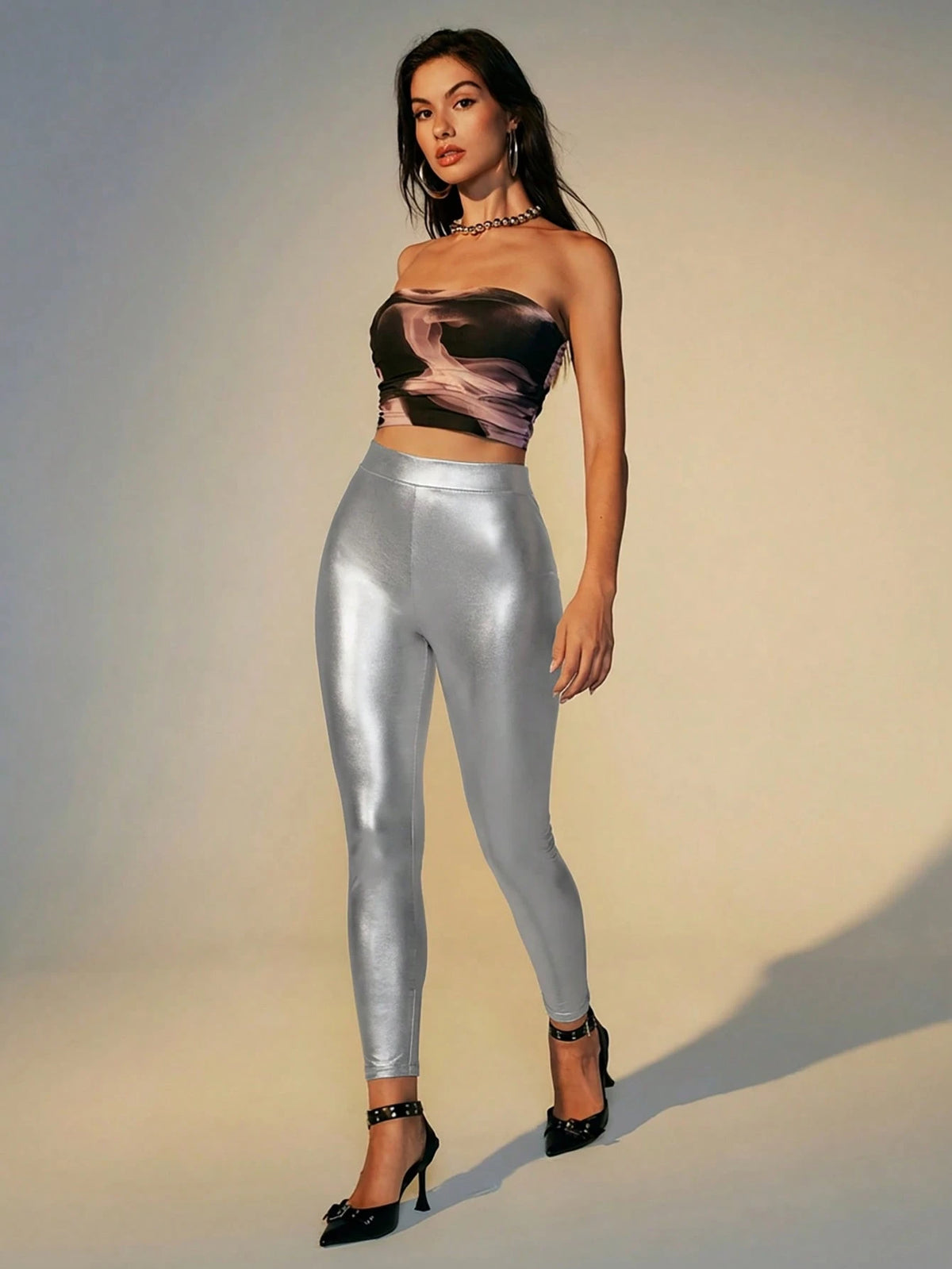 COSMINA Women's Solid Color High Waist PU Leather Fashion Tights, Winter Women, Silver Pants, Leggings, Metallic For