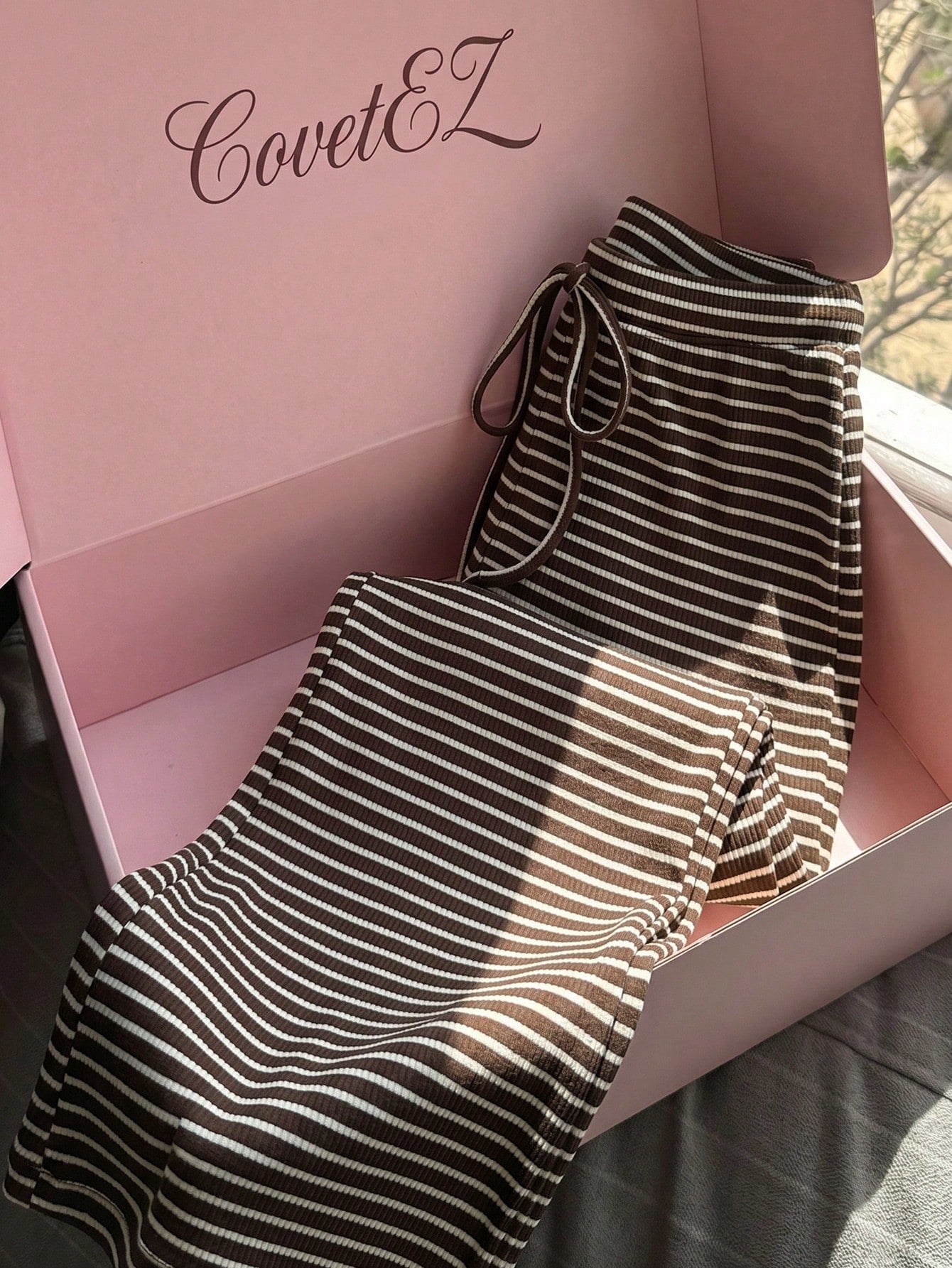 CovetEZ Women's Casual Brown Pants, Coffee 2 Pieces Set, Chocolate Striped Loungewear, Clothing, Summer