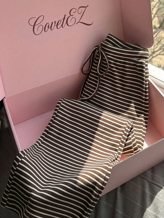 CovetEZ Women's Casual Brown Pants, Coffee 2 Pieces Set, Chocolate Striped Loungewear, Clothing, Summer