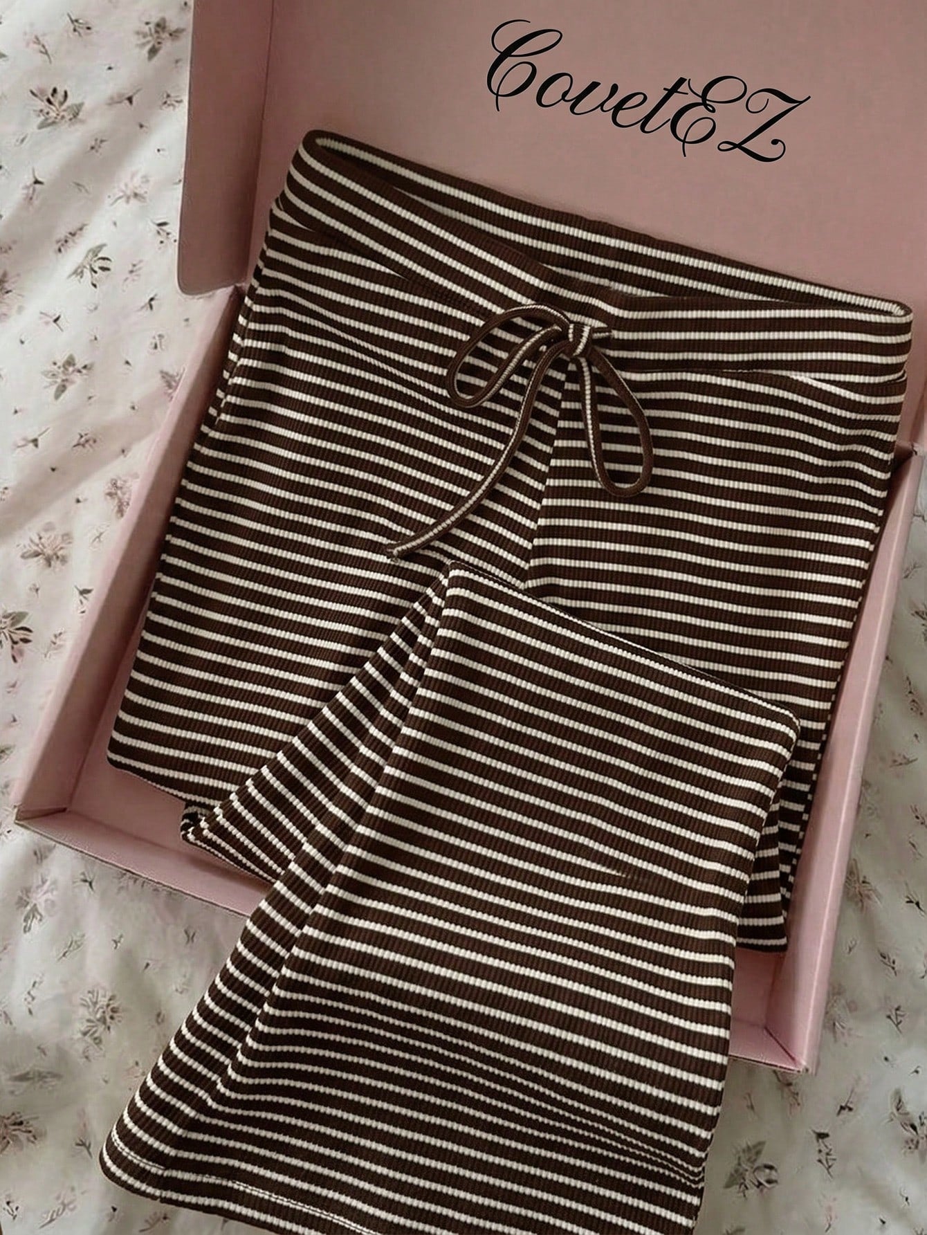 CovetEZ Women's Casual Brown Pants, Coffee 2 Pieces Set, Chocolate Striped Loungewear, Clothing, Summer