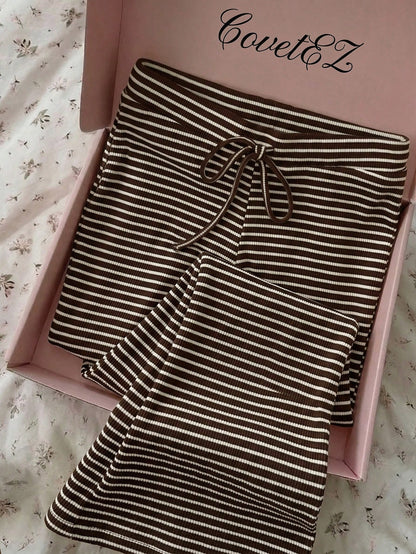 CovetEZ Women's Casual Brown Pants, Coffee 2 Pieces Set, Chocolate Striped Loungewear, Clothing, Summer