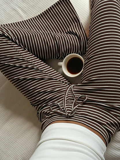 CovetEZ Women's Casual Brown Pants, Coffee 2 Pieces Set, Chocolate Striped Loungewear, Clothing, Summer