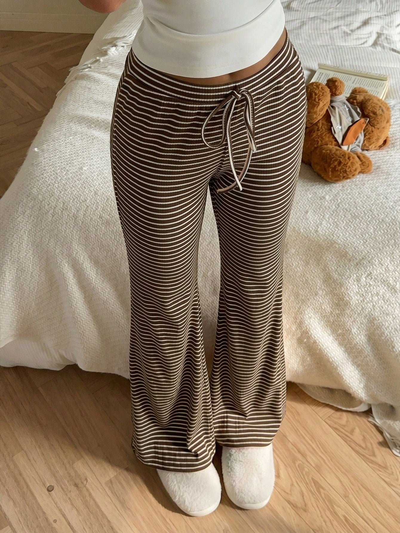 CovetEZ Women's Casual Brown Pants, Coffee 2 Pieces Set, Chocolate Striped Loungewear, Clothing, Summer