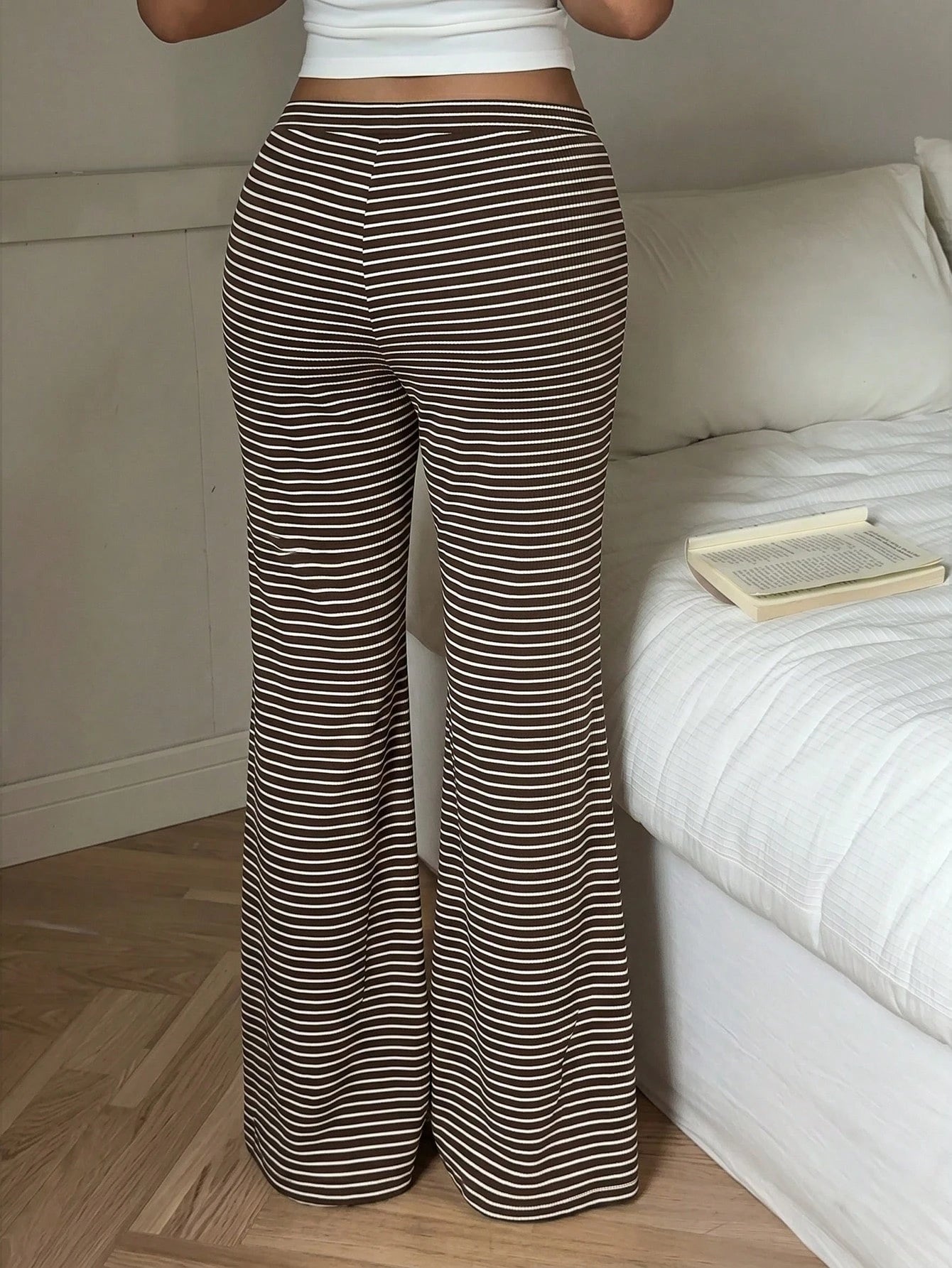 CovetEZ Women's Casual Brown Pants, Coffee 2 Pieces Set, Chocolate Striped Loungewear, Clothing, Summer