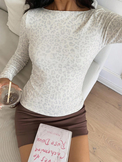 CovetEZ Women's Casual Sexy Light Leopard Print Fitted Long Sleeve T-Shirt, Autumn Style, Daily Streetwear, Commuting Going Out, Dating, Gatherings, White