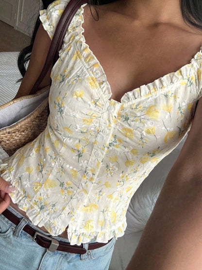 CovetEZ Women's Casual Yellow Floral Ruffle Trim Single-Breasted Shirt,Summer Top