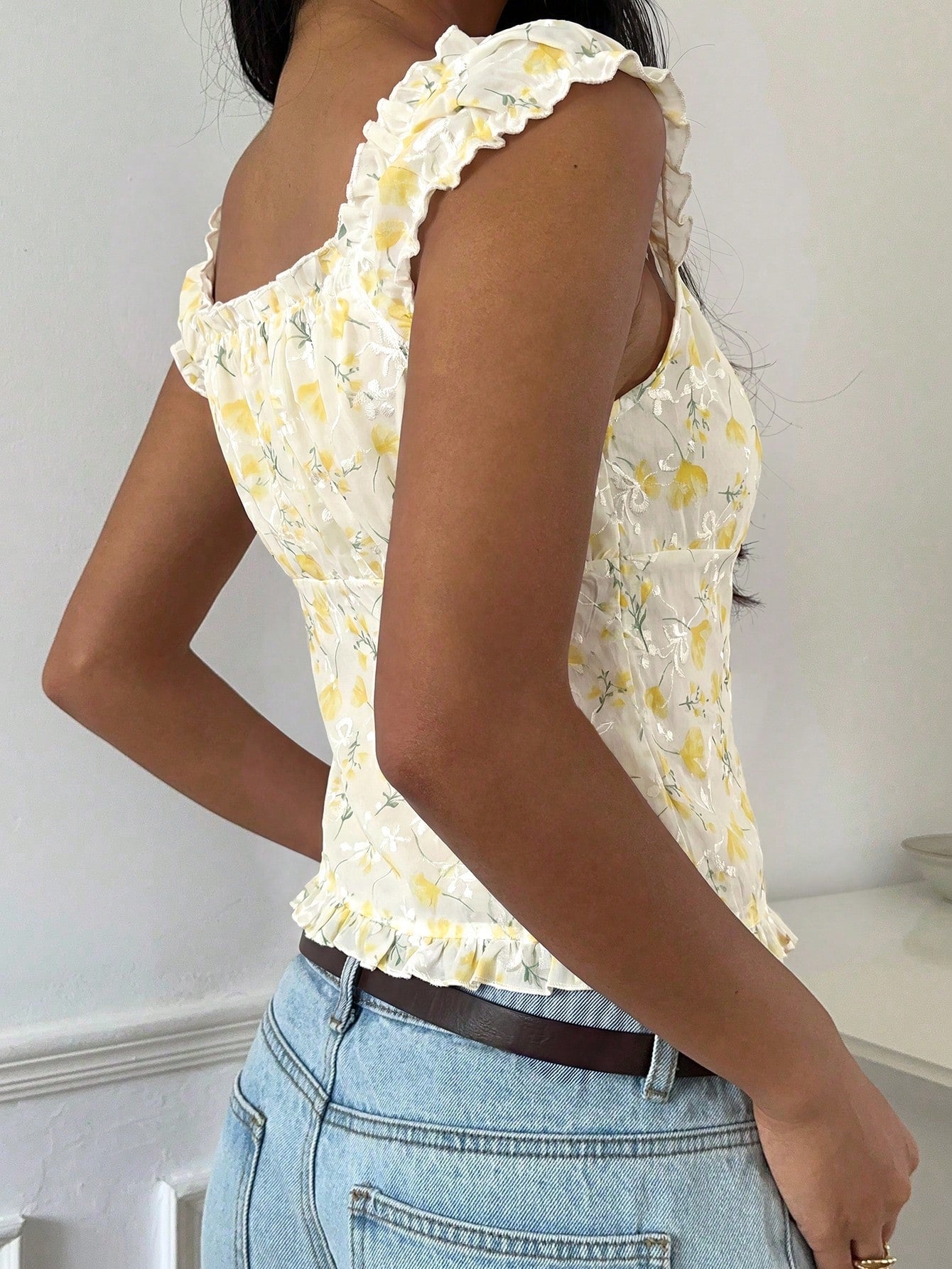CovetEZ Women's Casual Yellow Floral Ruffle Trim Single-Breasted Shirt,Summer Top