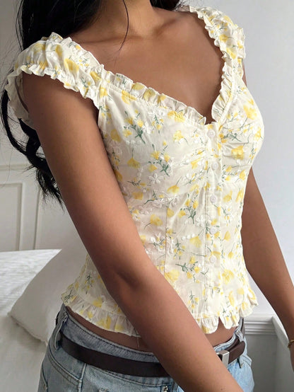 CovetEZ Women's Casual Yellow Floral Ruffle Trim Single-Breasted Shirt,Summer Top