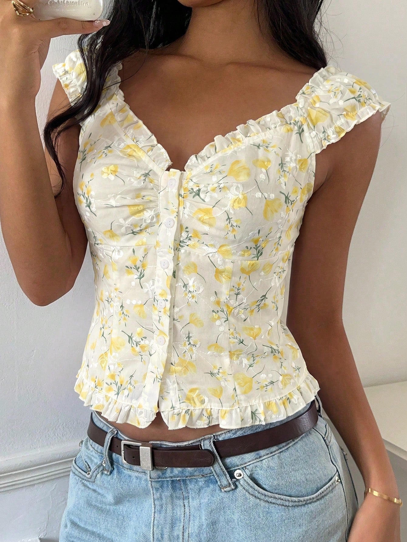 CovetEZ Women's Casual Yellow Floral Ruffle Trim Single-Breasted Shirt,Summer Top