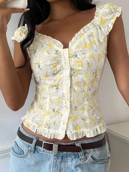 CovetEZ Women's Casual Yellow Floral Ruffle Trim Single-Breasted Shirt,Summer Top