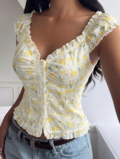 CovetEZ Women's Casual Yellow Floral Ruffle Trim Single-Breasted Shirt,Summer Top
