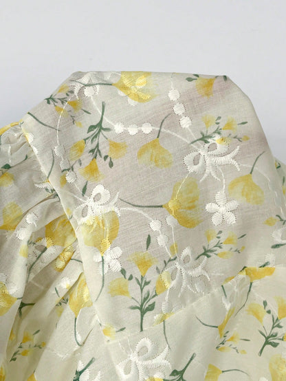 CovetEZ Women's Casual Yellow Floral Ruffle Trim Single-Breasted Shirt,Summer Top
