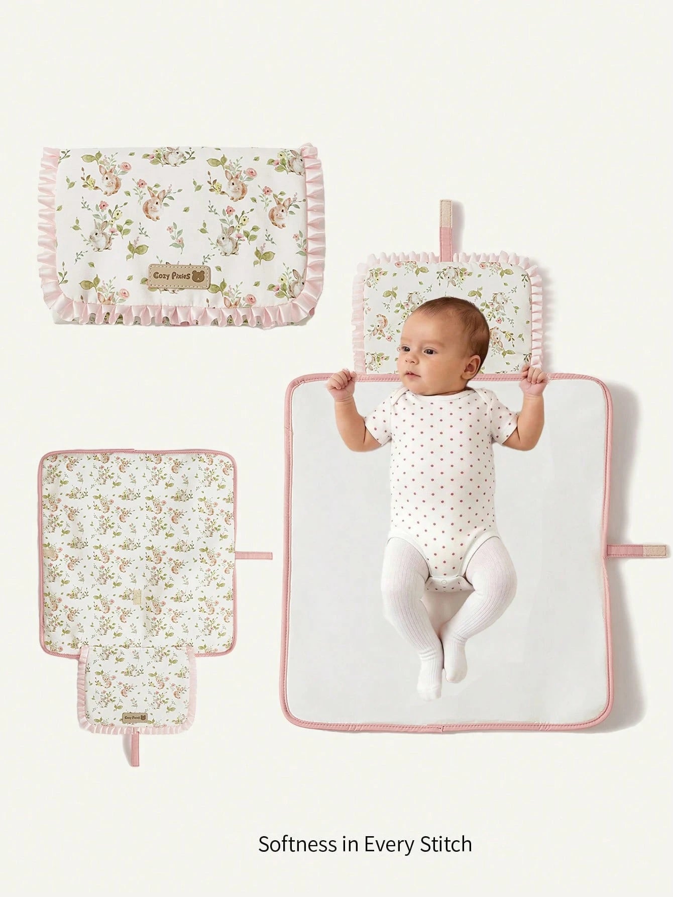 Cozy Pixies 1pc Floral Rabbit Adorable Ruffle Oxford Cloth Baby Diaper Pad, New Fashionable Convenient Baby Waterproof Changing Pad, Portable For Outdoor & Casual Use