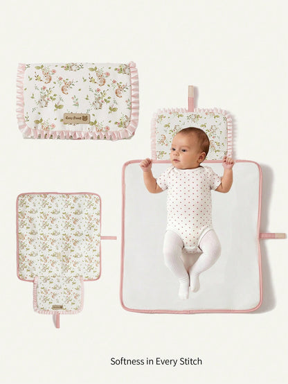 Cozy Pixies 1pc Floral Rabbit Adorable Ruffle Oxford Cloth Baby Diaper Pad, New Fashionable Convenient Baby Waterproof Changing Pad, Portable For Outdoor & Casual Use