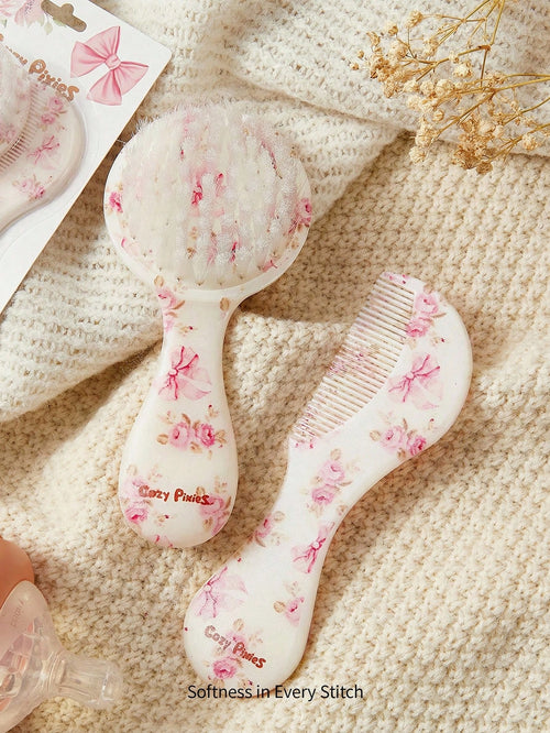 Cozy Pixies 2-Piece Set Of Soft Pink Bow Flower Hair Brush Comb Set, Gently Remove Hair Tangles, Prevent Cradle Scab, And Protect The Baby's Fontanelle At The Same Time.
