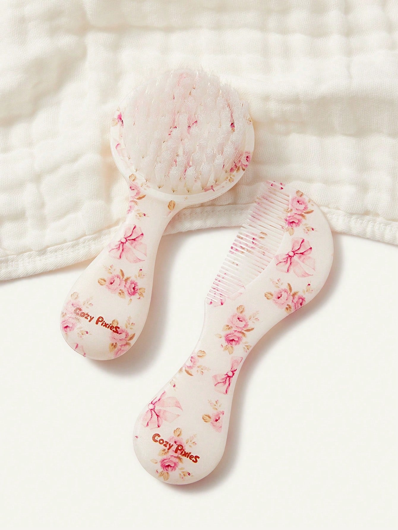 Cozy Pixies 2-Piece Set Of Soft Pink Bow Flower Hair Brush Comb Set, Gently Remove Hair Tangles, Prevent Cradle Scab, And Protect The Baby's Fontanelle At The Same Time.