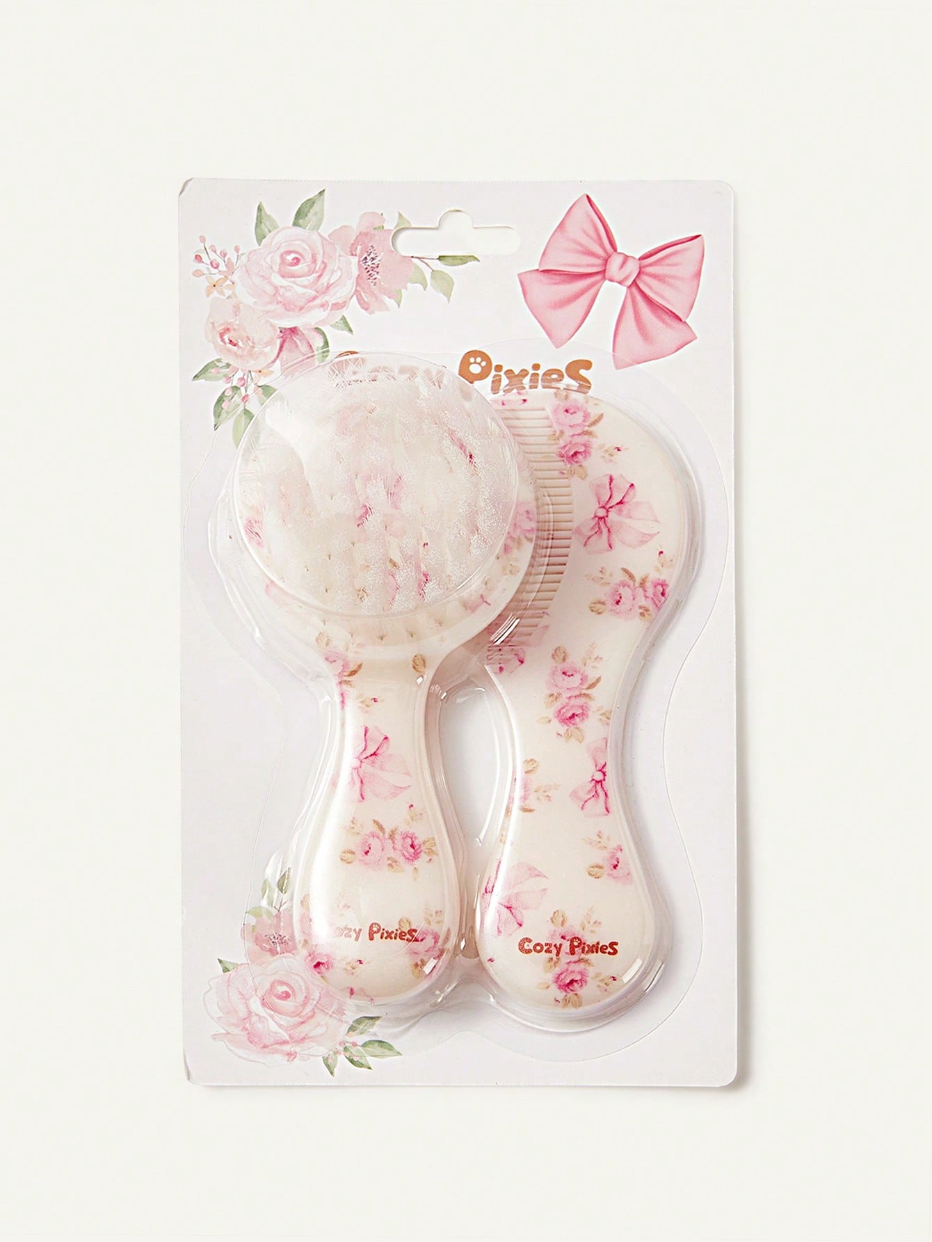 Cozy Pixies 2-Piece Set Of Soft Pink Bow Flower Hair Brush Comb Set, Gently Remove Hair Tangles, Prevent Cradle Scab, And Protect The Baby's Fontanelle At The Same Time.