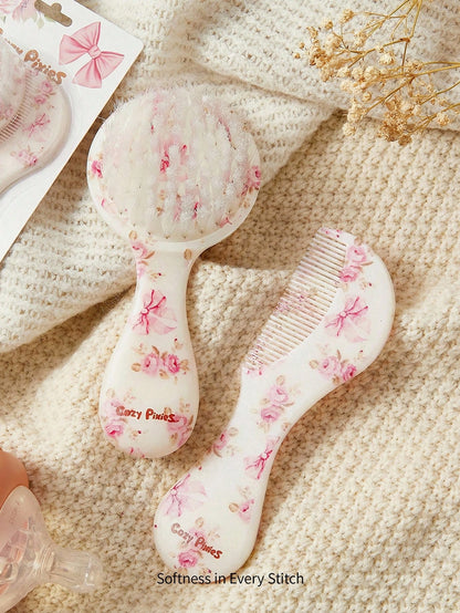 Cozy Pixies 2-Piece Set Of Soft Pink Bow Flower Hair Brush Comb Set, Gently Remove Hair Tangles, Prevent Cradle Scab, And Protect The Baby's Fontanelle At The Same Time.