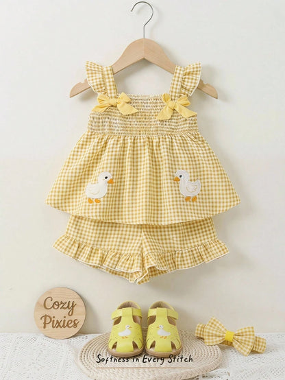 Cozy Pixies 2pcs Baby Girl Cartoon Duck Decor Bow Strap Top And Elastic Waist Shorts Set