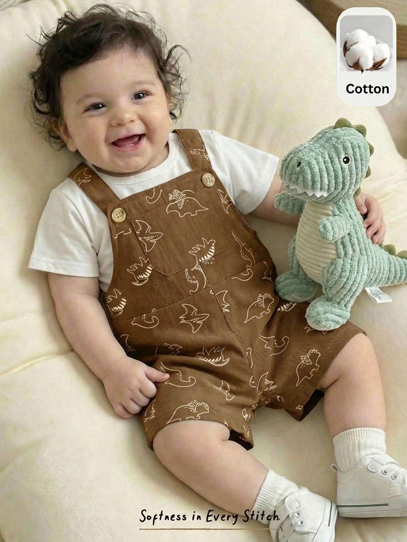 Cozy Pixies 2pcs/Set Baby Boy Girl Summer Casual Brown Beach Outfit, Korean Solid Short Sleeve T-Shirt&Cute Dinosaur Print Suspender Shorts 2-Piece Set