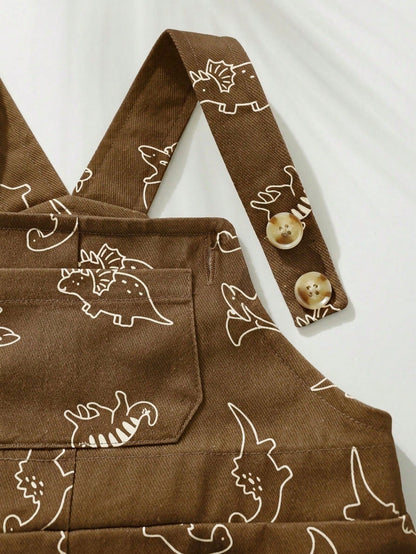 Cozy Pixies 2pcs/Set Baby Boy Girl Summer Casual Brown Beach Outfit, Korean Solid Short Sleeve T-Shirt&Cute Dinosaur Print Suspender Shorts 2-Piece Set