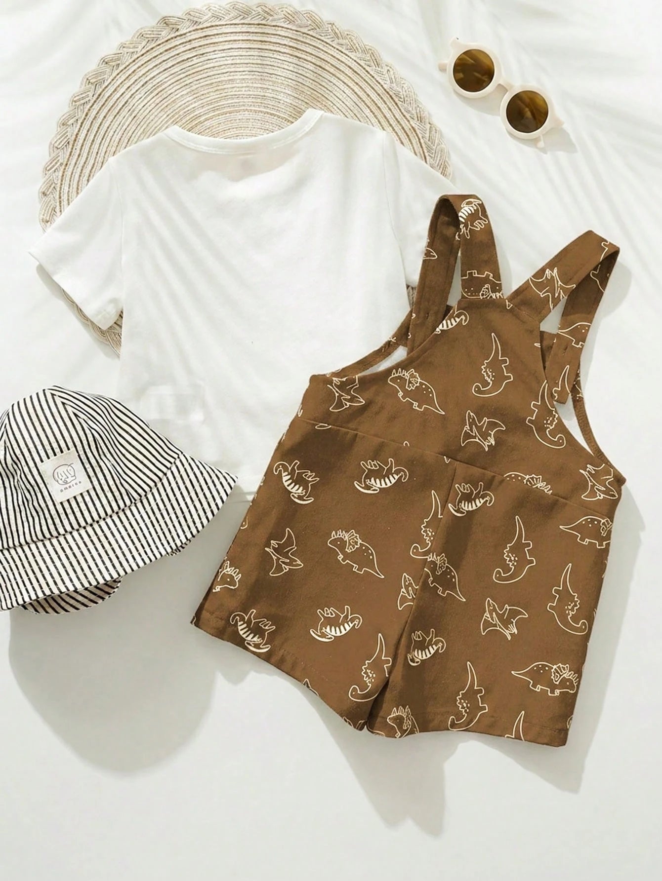 Cozy Pixies 2pcs/Set Baby Boy Girl Summer Casual Brown Beach Outfit, Korean Solid Short Sleeve T-Shirt&Cute Dinosaur Print Suspender Shorts 2-Piece Set