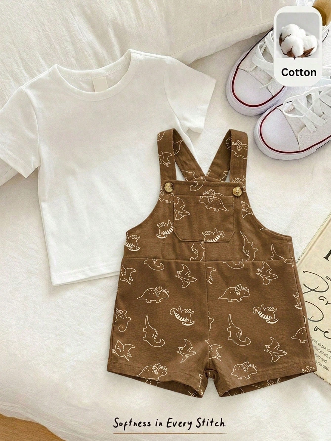 Cozy Pixies 2pcs/Set Baby Boy Girl Summer Casual Brown Beach Outfit, Korean Solid Short Sleeve T-Shirt&Cute Dinosaur Print Suspender Shorts 2-Piece Set