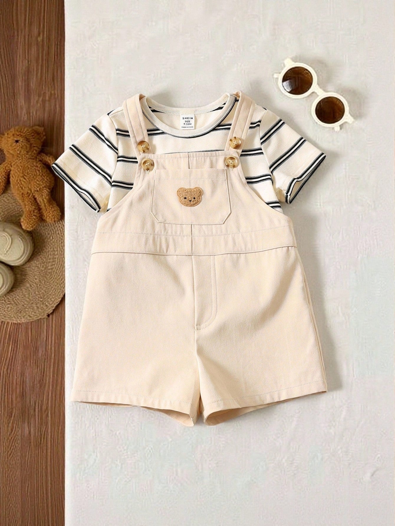 Cozy Pixies 2pcs/Set Baby Boy Girl Summer Casual Brown Beach Outfit, Korean Solid Short Sleeve T-Shirt&Cute Dinosaur Print Suspender Shorts 2-Piece Set