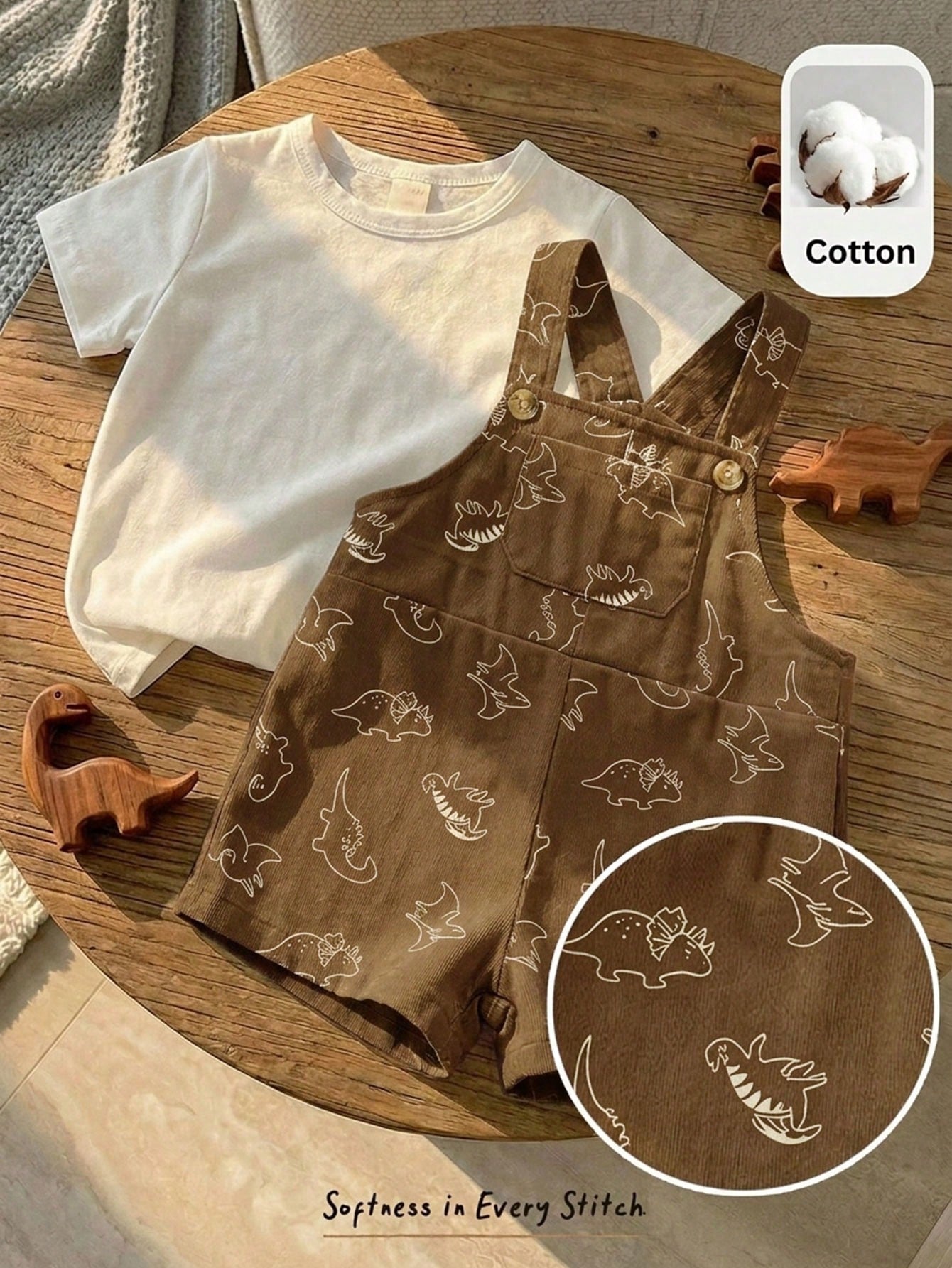 Cozy Pixies 2pcs/Set Baby Boy Girl Summer Casual Brown Beach Outfit, Korean Solid Short Sleeve T-Shirt&Cute Dinosaur Print Suspender Shorts 2-Piece Set