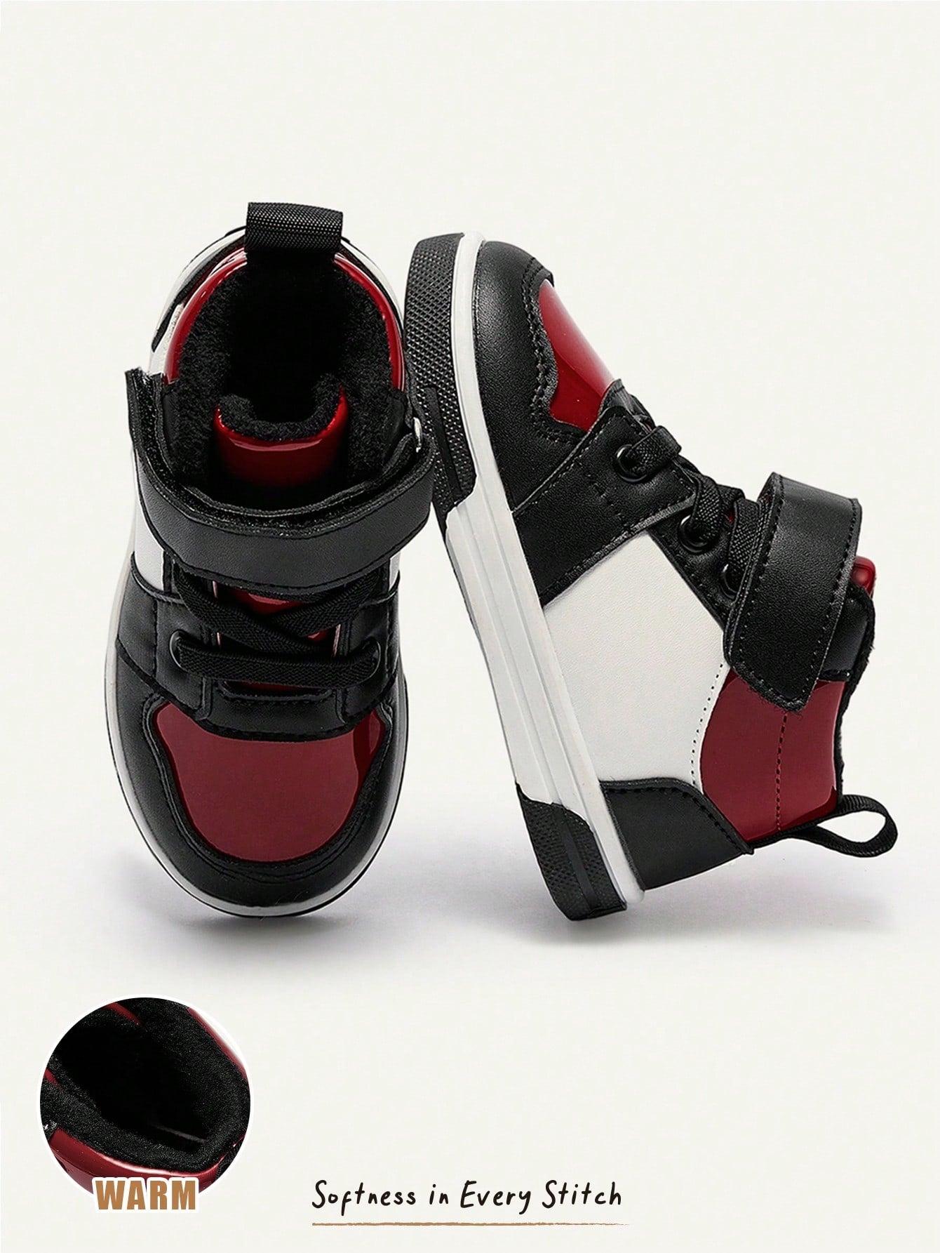 Cozy Pixies Autumn And Winter Fashion Versatile Fun Cute Black And Red Contrasting Colors Boys High-Top Velvet Baby Sneakers College Style Homecoming Season