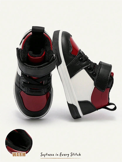 Cozy Pixies Autumn And Winter Fashion Versatile Fun Cute Black And Red Contrasting Colors Boys High-Top Velvet Baby Sneakers College Style Homecoming Season