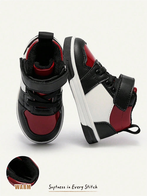 Cozy Pixies Autumn And Winter Fashion Versatile Fun Cute Black And Red Contrasting Colors Boys High-Top Velvet Baby Sneakers College Style Homecoming Season