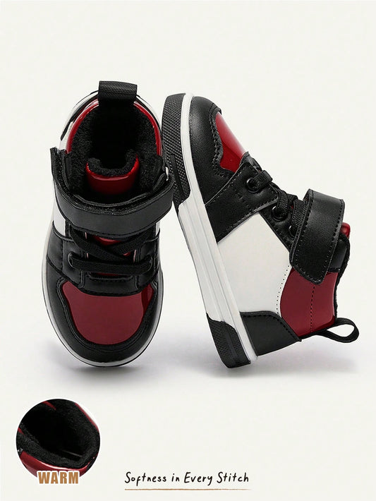 Cozy Pixies Autumn And Winter Fashion Versatile Fun Cute Black And Red Contrasting Colors Boys High-Top Velvet Baby Sneakers College Style Homecoming Season