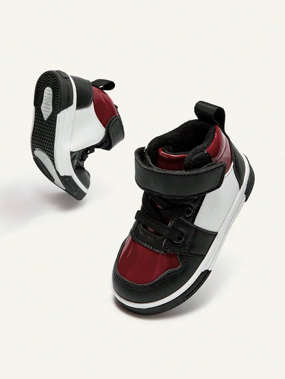 Cozy Pixies Autumn And Winter Fashion Versatile Fun Cute Black And Red Contrasting Colors Boys High-Top Velvet Baby Sneakers College Style Homecoming Season