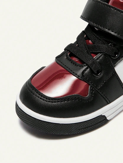 Cozy Pixies Autumn And Winter Fashion Versatile Fun Cute Black And Red Contrasting Colors Boys High-Top Velvet Baby Sneakers College Style Homecoming Season