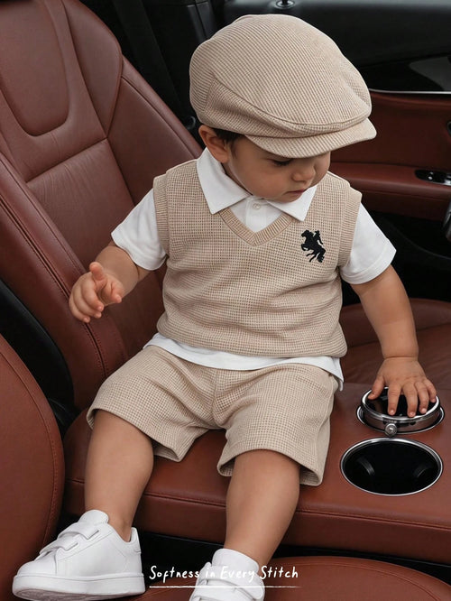 Cozy Pixies Baby Boy Baby Boy Khaki Knit Soft Waffle Fabric Horse Logo Embroidered Gentleman Vest White Short Sleeve Shirt Elastic Waist Shorts 3pcs Set Suitable For Summer Autumn All Seasons Multiple