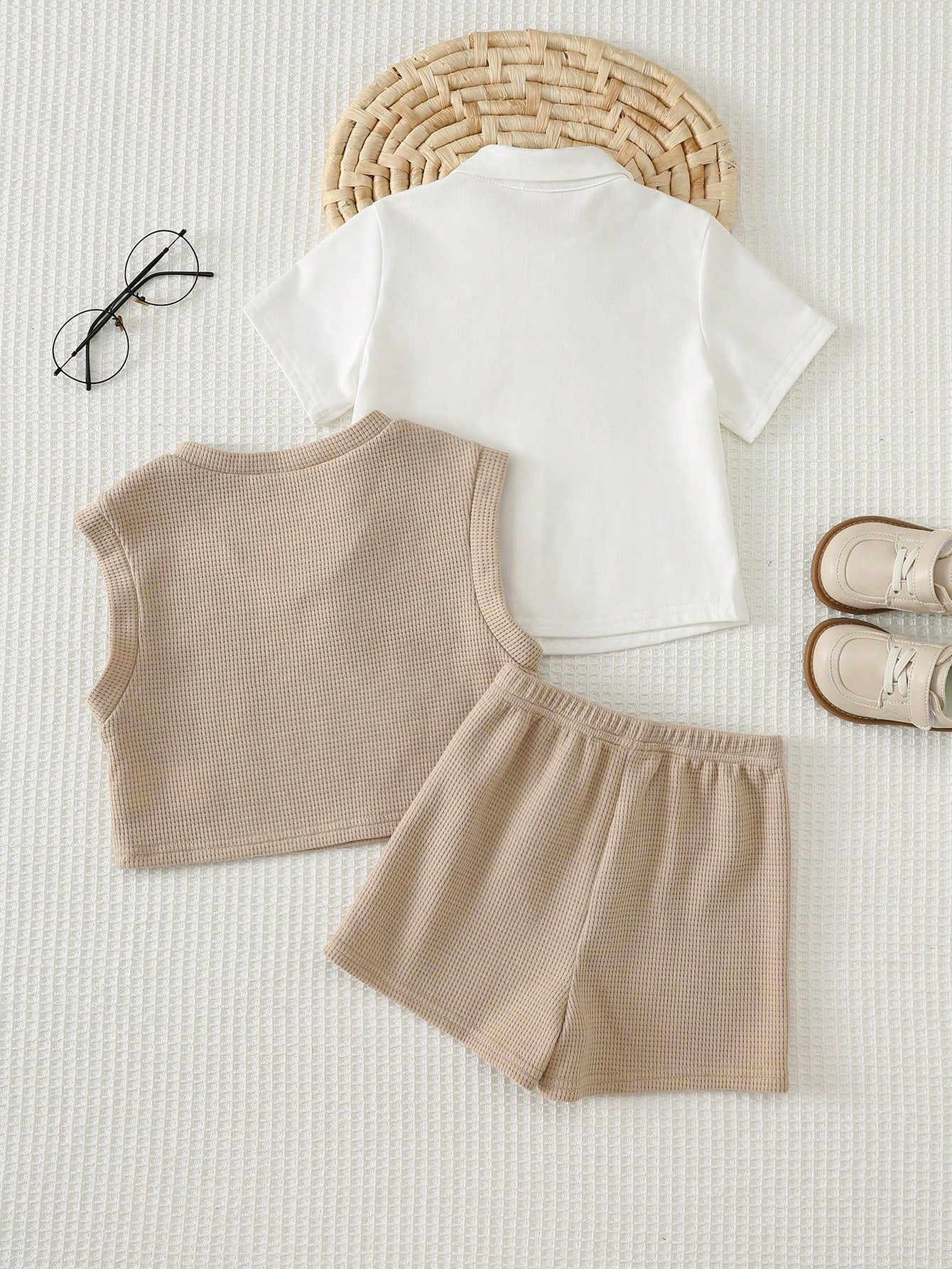 Cozy Pixies Baby Boy Baby Boy Khaki Knit Soft Waffle Fabric Horse Logo Embroidered Gentleman Vest White Short Sleeve Shirt Elastic Waist Shorts 3pcs Set Suitable For Summer Autumn All Seasons Multiple
