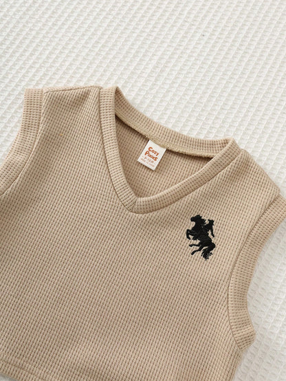 Cozy Pixies Baby Boy Baby Boy Khaki Knit Soft Waffle Fabric Horse Logo Embroidered Gentleman Vest White Short Sleeve Shirt Elastic Waist Shorts 3pcs Set Suitable For Summer Autumn All Seasons Multiple